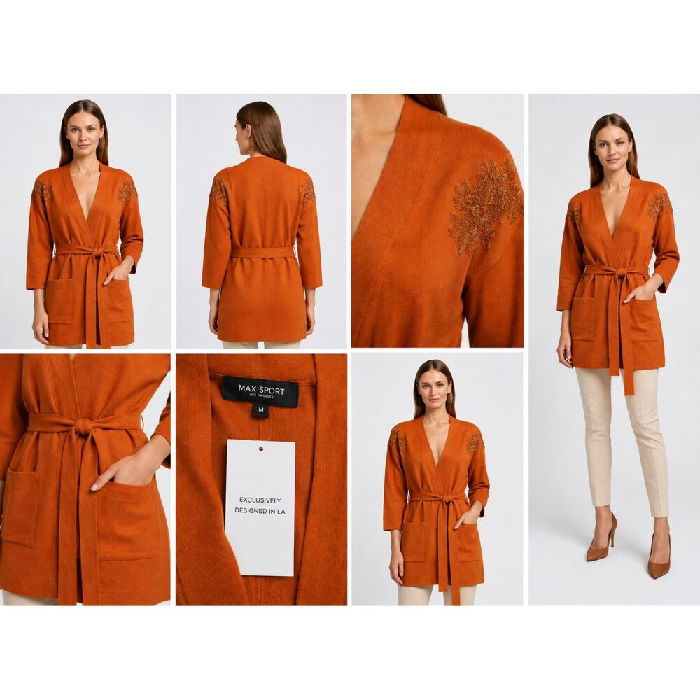 Max Sport LA Women’s Belted Cardigan Jacket Rust Orange Size M NWT